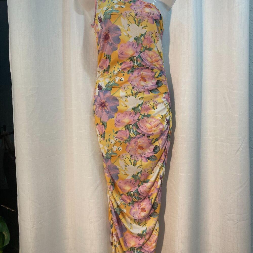 Prettylittlething Yellow Floral One Shoulder Ruched Midi Dress Women's US Size 6